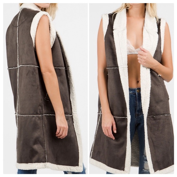 POL Brown Sugar Suede & Sherpa Long Duster Vest - Picture 3 of 9